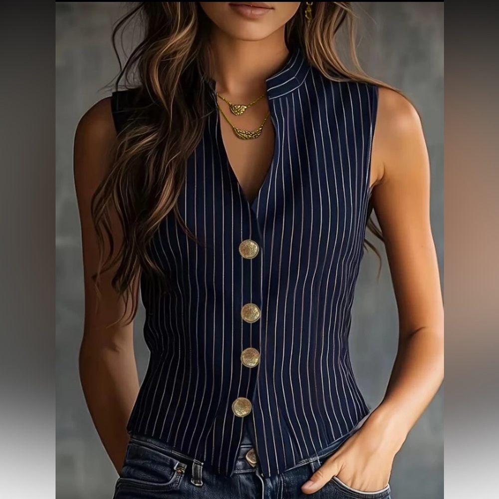 Navy Pinstripe Sleeveless Top with Gold Buttons